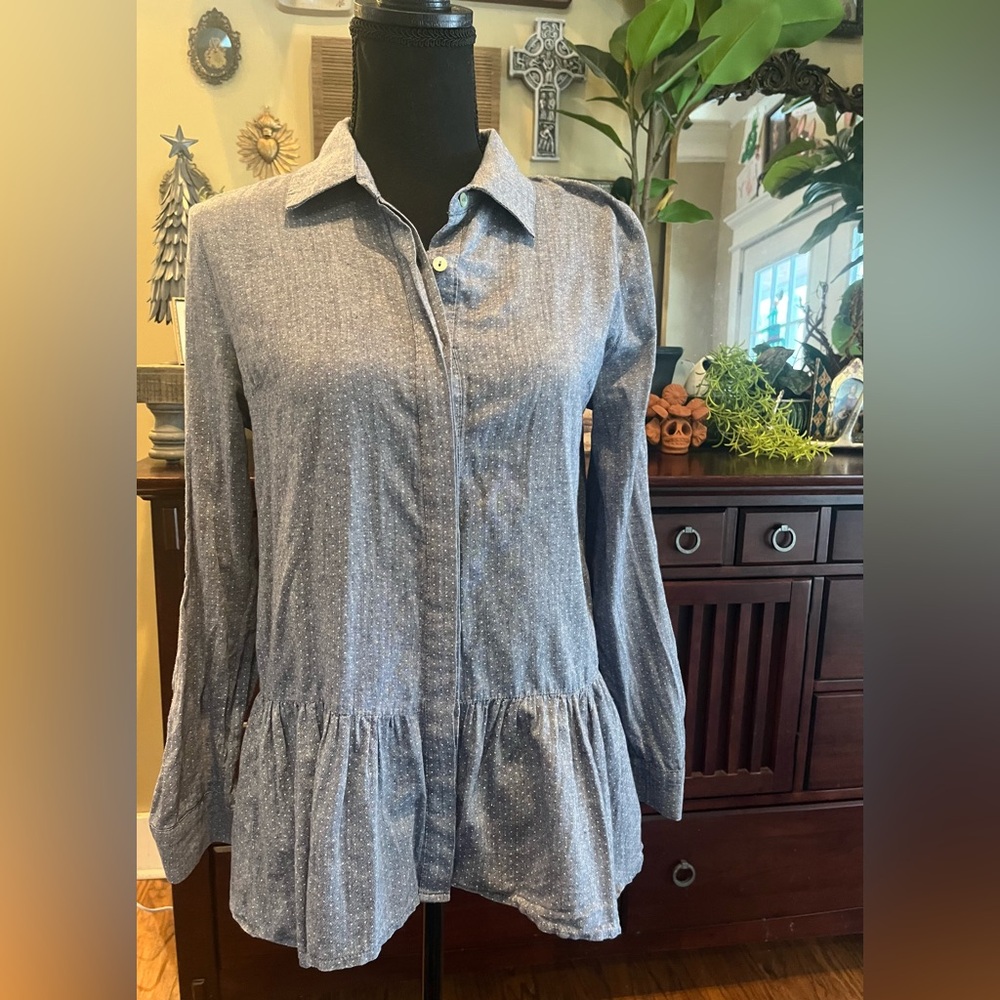 Anthropologie Sunday in Brooklyn Denim Blue Button Down Polka Dot Shirt
